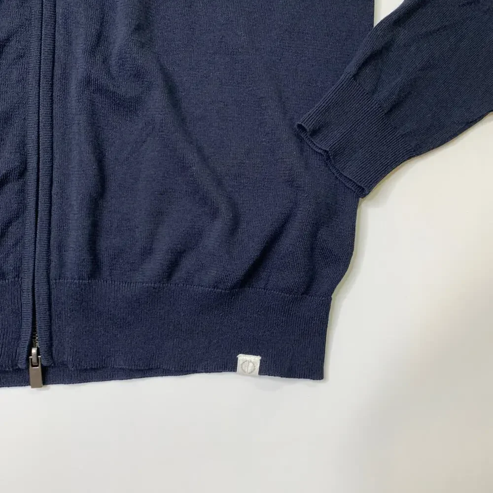 Bruun & Stengade Sweater Mens M Medium Navy Knitted Full Zip Mock Neck Cardigan